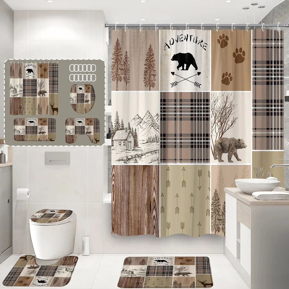 4Pcs Rustic Country Shower Curtain Wildlife Deer Bear Red Black Checkered Cottage Farm Home Bathroom Decor Set Rug Toilet Cover