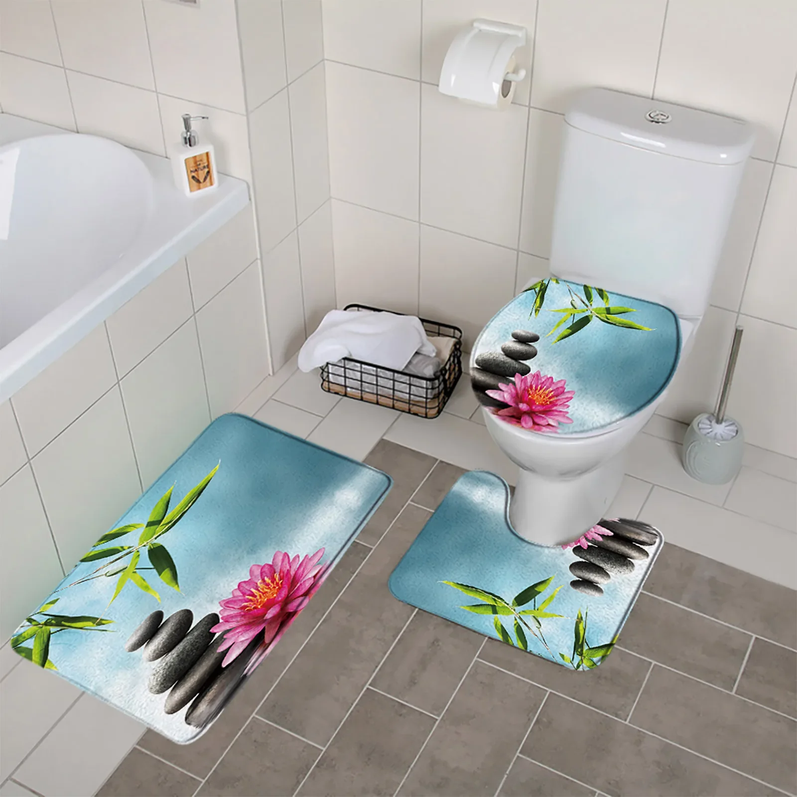 Zen Stone Bamboo 3pcs Bathroom Mat Set Flower Lotus Water Spa Antypoślizgowa flanelowa miękka wycieraczka Dywaniki podłogowe Pokrywa toalety Dywanik — zdjęcie 7