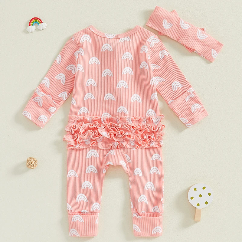 Baby Mädchen Herbst Overall gekräuselt Reiß verschluss Regenbogen Print Langarm Rundhals Stram pler Bogen Stirnband