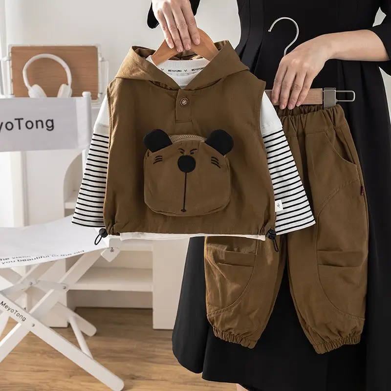 Spring and Autumn Children's Clothing Set New Boys' Handsome Work Clothes Vest T-shirt Pants 3-Piece Set