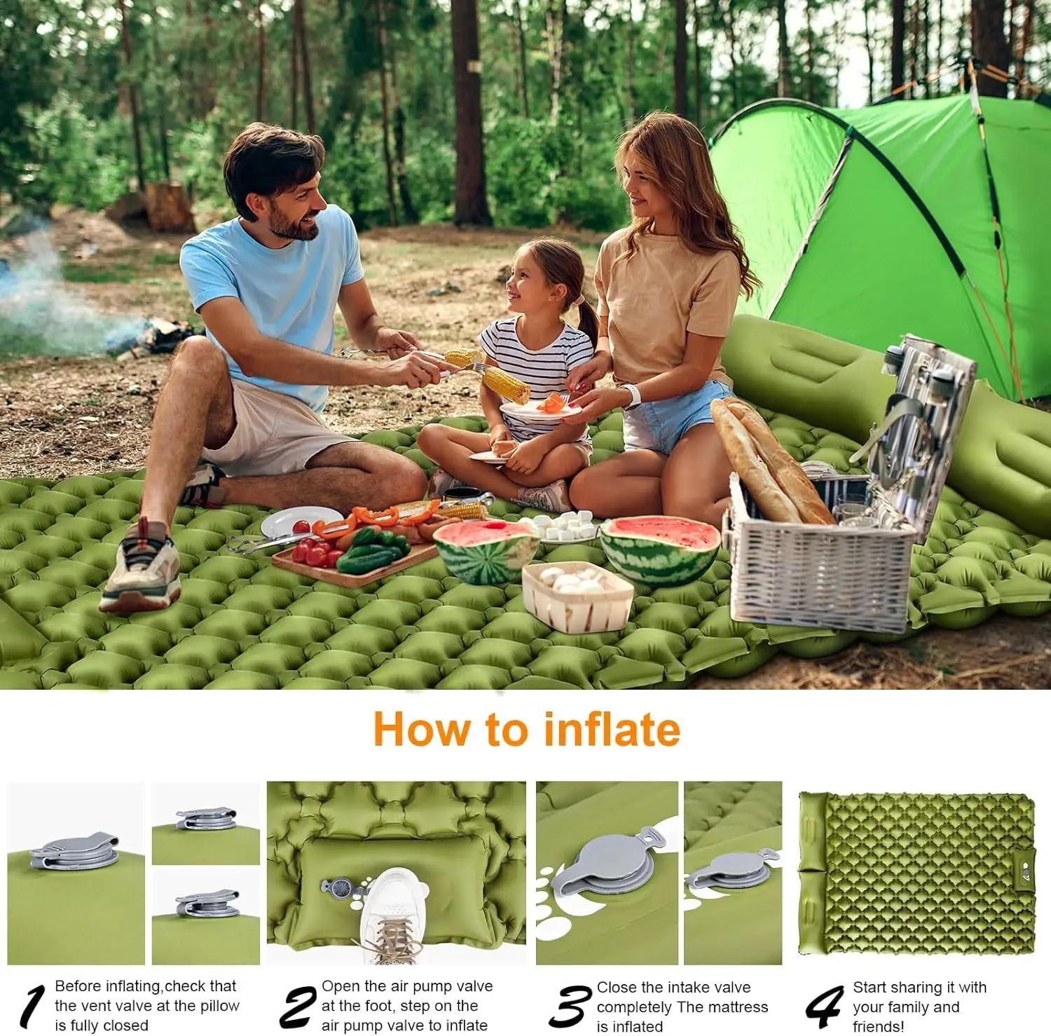 Ultralight 4" Extra-Thick Self Inflating Sleeping Mat for 2 Person with Pillow Built-in Foot Pump Portable Camping Mat