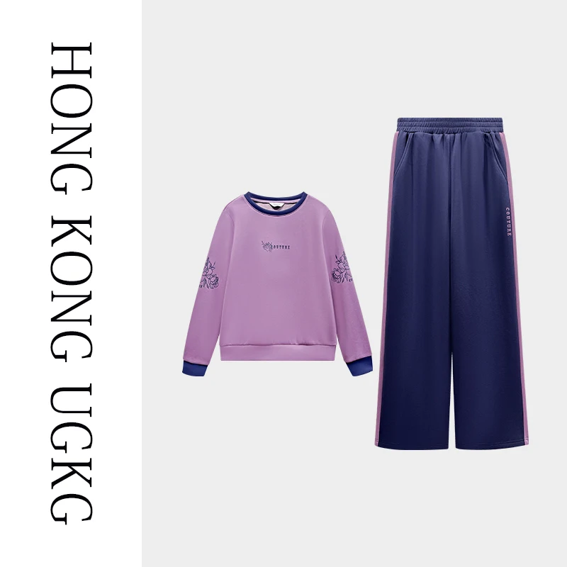 Hong Kong Ugkg Mom's Two-Piece Set Loose Round Ne Sweatirt Women's Wide Leg Pants Set Polyester Long Sve Long Pants