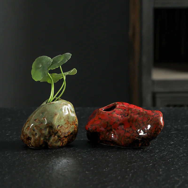 Mini Kiln Turned Ceramic Vase Ornament, Home Decor Decoration Vintage Crafts, Desktop Copper Coin Grass Hydroponic Small Vase