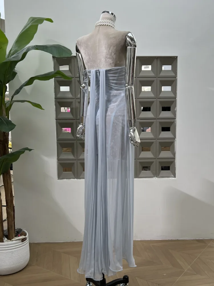 DFDG Elegant Designer StraplessจีบSheer-LaceชุดราตรีหลวมFitฤดูใบไม้ผลิและฤดูร้อนงานแต่งงานGala Party 2025