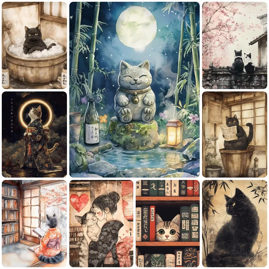

Japanese Style Black Cat Jigsaw Puzzle, Maneki-neko Inspired Art with Cherry Blossoms and Bamboo, Whimsical Wall Decor