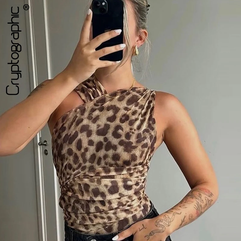 

Cryptographic Fashion Leopard Print Sexy Bodysuits Elegant Outfits Sexy Backless Skinny Ruched Asymmetrical Tops One Piece Teddy