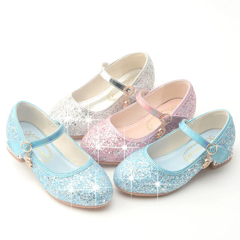 Princess Kids Leather Shoes Girls Flower Casual Glitter Rhinestone Crystal Heel Children High Heel Party Dance Performance Shoes