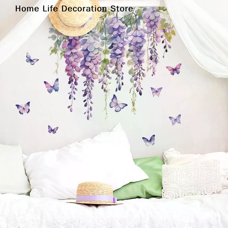 Purple Flower Plants Floral Wall Stickers Home Room Decoration Bedroom Adhesive Wall Furniture Door Sticker