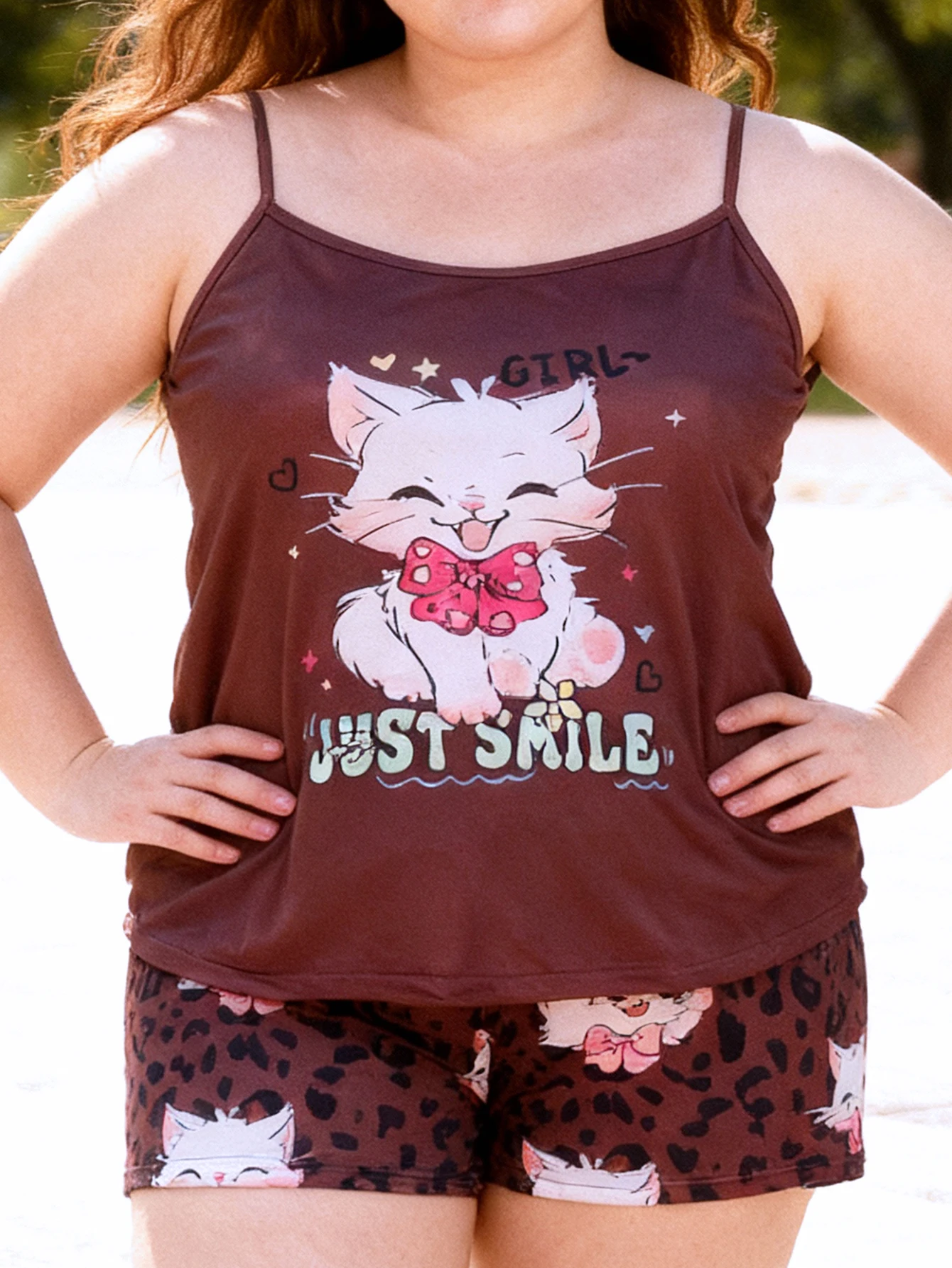 

Plus Size Women's Spring Summer Loungewear Set Cute Cartoon Cat Print Cami Top with Shorts Soft Pajamas Sleepwear