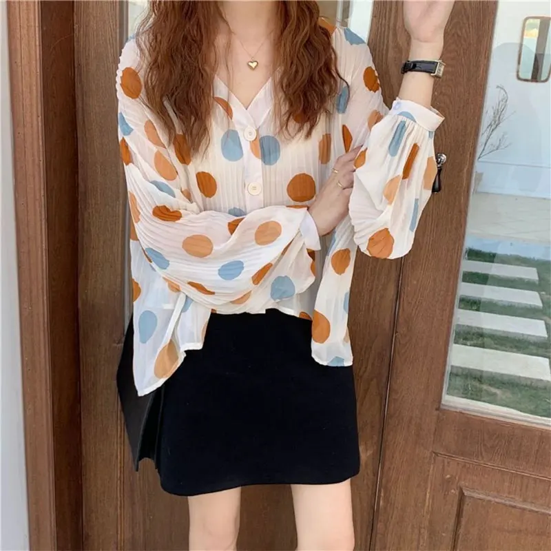 Fashion Pleated Polka Dot Printed Blouse Spring Summer Long Sleeve Women\'s Clothing All-match Loose Korean Elegant V-Neck Shirt