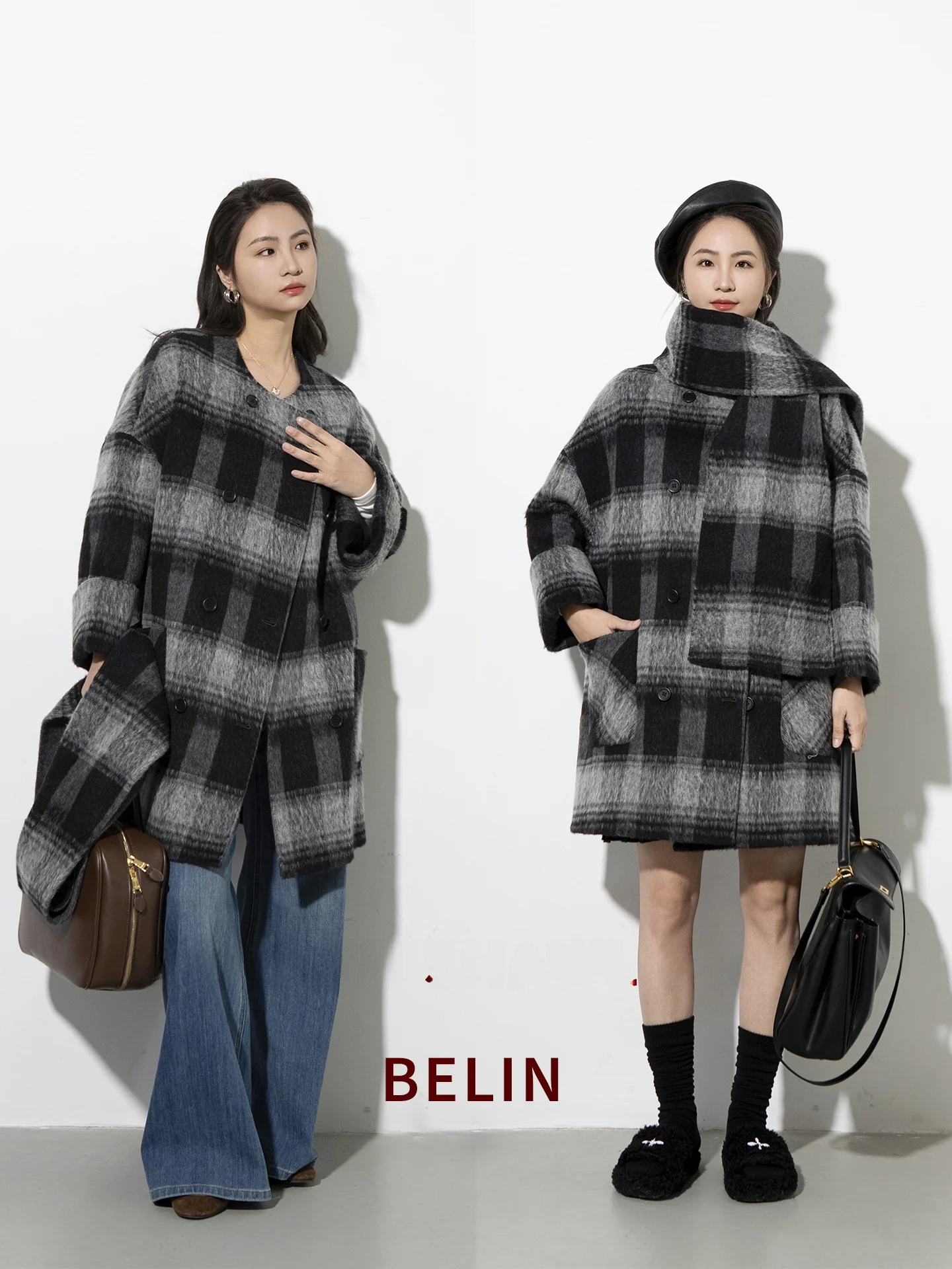 

Двустороннее шерстяное пальто Belin с шарфом, из перуанской альпаки, в клетку, средней длины, двубортное, женская верхняя одежда