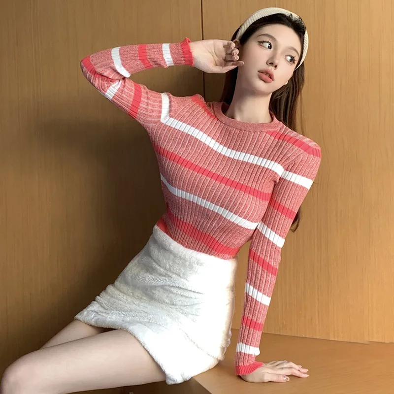 Women's Fashion O Neck Striped Color Contrast Sweater Long Sleeves Slim Fit Knitted Casual Pullover For Autumn Spring