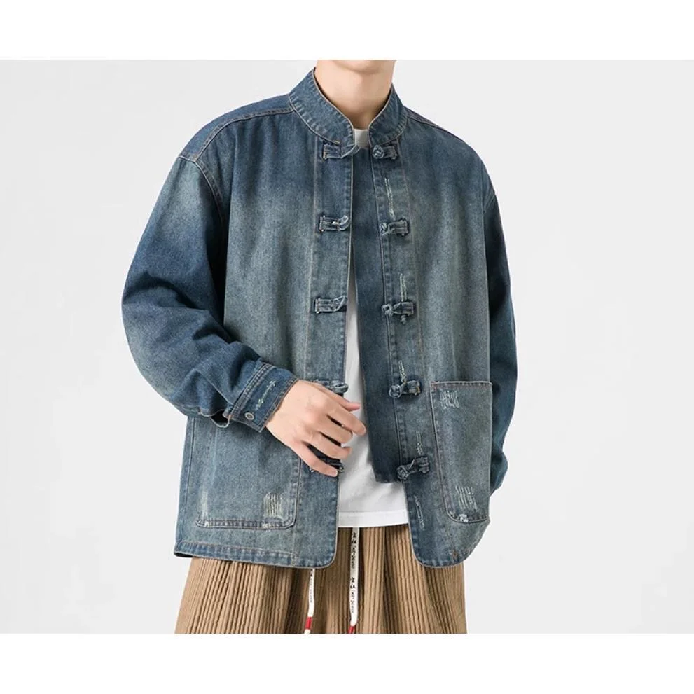 جاكيت دينم مغسول على الطراز الصيني للرجال ، معطف بأكمام طويلة ، توب بياقة قائمة ، قمصان عرقية عتيقة ، موضة كلاسيكية ، الربيع والخريف #3