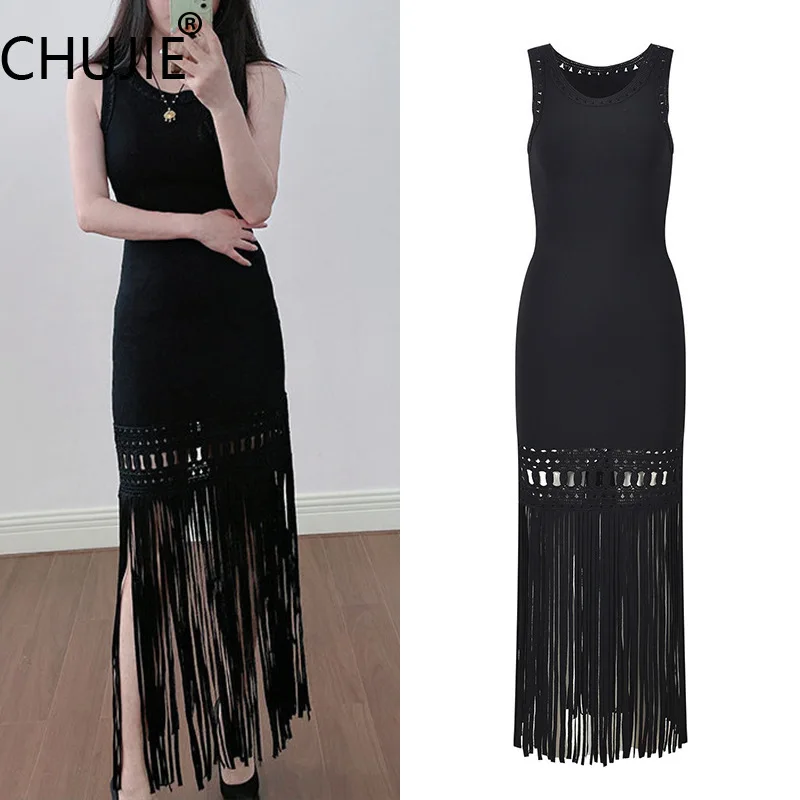 

Women's French Knit Dress 2025 - Artisan Openwork Weaving, Bohemian Tassel Detail Sleeveless Dress