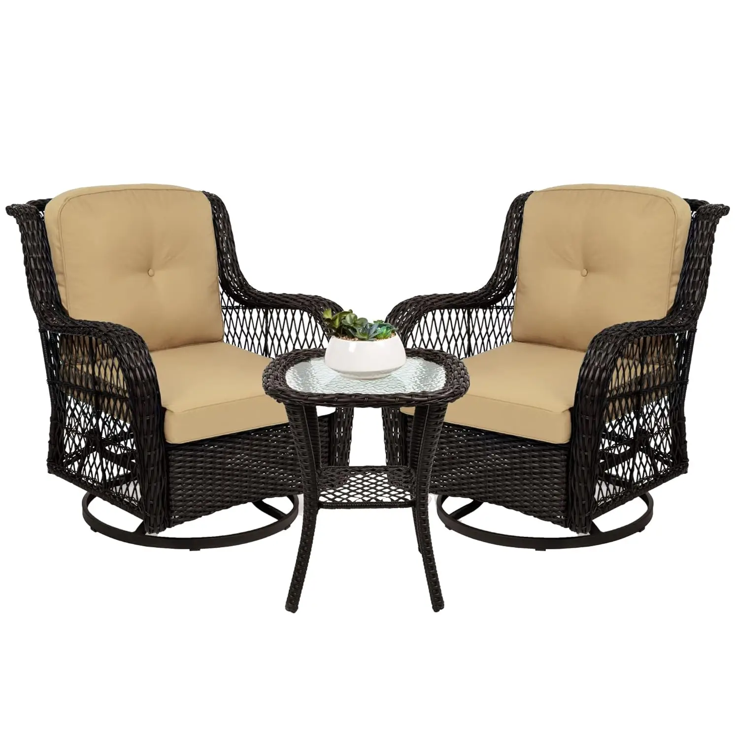 

3-Piece Outdoor Wicker Patio Bistro Set w/ 2 360-Degree Swivel Rocking Chairs and Tempered Glass Top Side Table - Beige