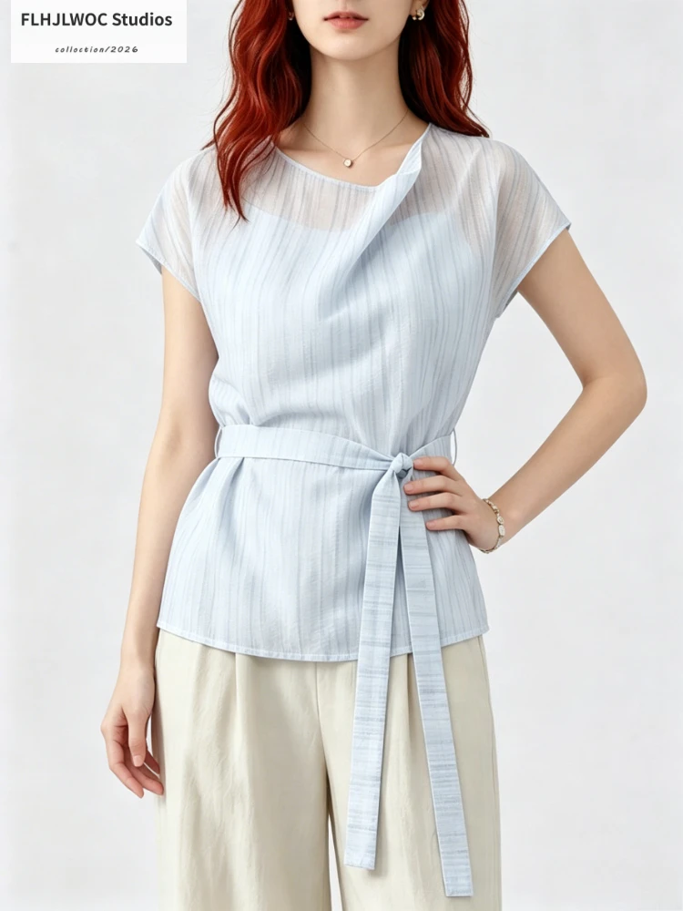 Chic Korea Design Tank Top Women Casual Sleeveless Blouse Lightweight Semi-Sheer Cowl Neck Tops Slim Waist Lace-Up Tie Shirts