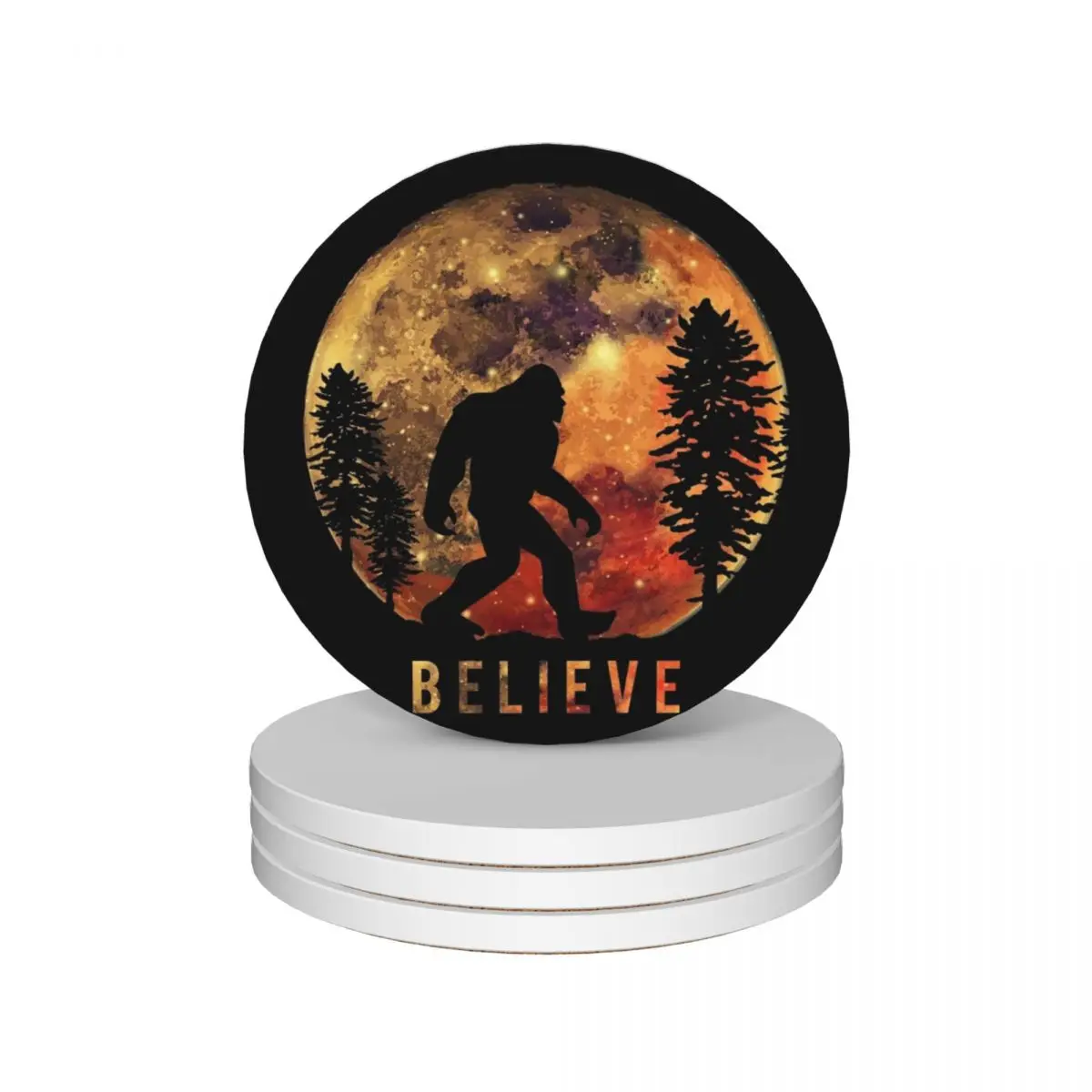 Bigfoot Sasquatch Full Moon Silhouette Believe Ceramic Coasters (Set of 4) Cup mat cute kitchen Coasters