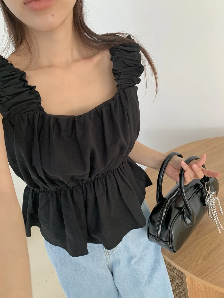 Women's Wide Shoulder Strap Vest Top Folded Bustle Waist Slimming Bubbly Hemline Outerwear Short Shirt Cotton  Color
