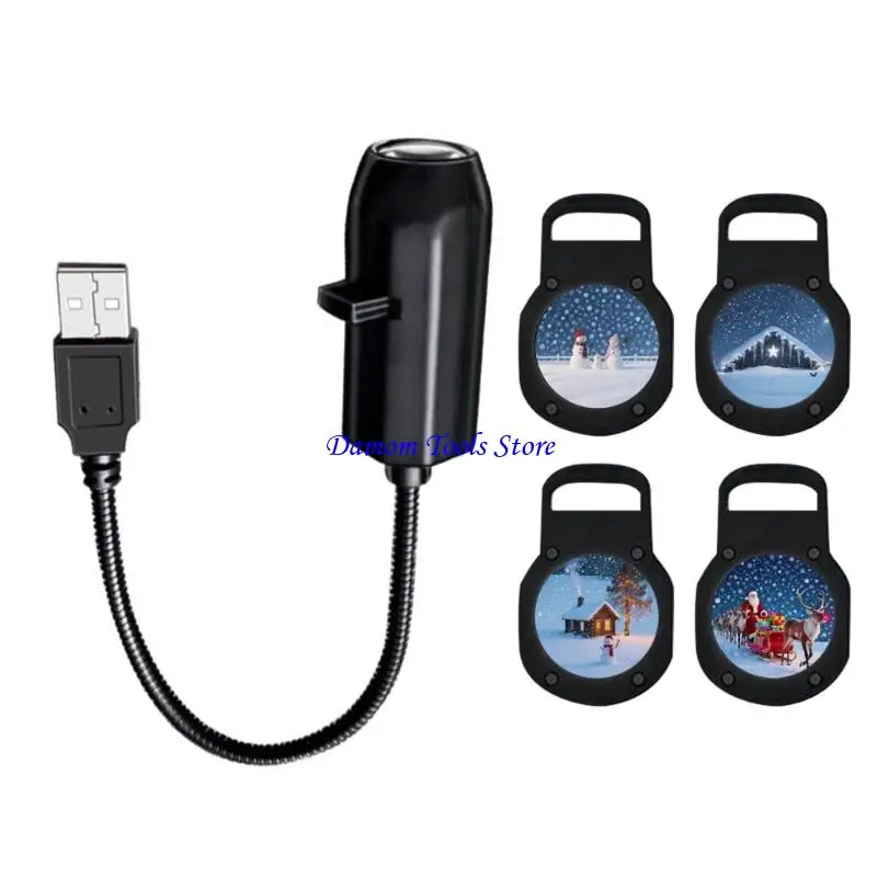 57BE USB Powered Christmas Pattern Projector Light 4 Slides,360° Rotation for Room Wall Ceiling
