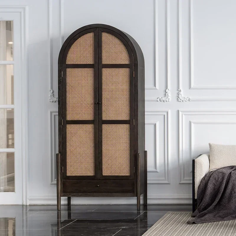 TAO Oak Semicircle Clothes Closet Double-Door Storage Cabinet with Drawer Complete Storage Chest of Drawers Vintage Rattan Cabin