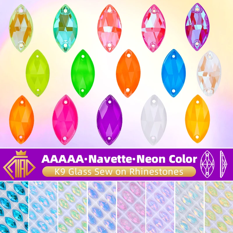 QIAO Navette Neon Color Glitter Sew On Rhinestones Flatback Sewing стразы Glass Crystal Gems For Garment Wedding Dress Clothes