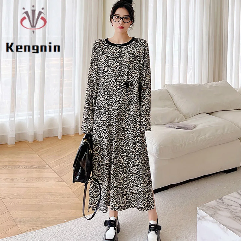 Autumn Winter Women's Dresses Loose Plus Size Lady Vestido Leopard  Print Designer Dress Draw String Female Clothes Robe KE3627