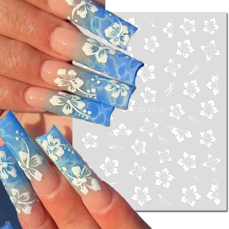 

3d Nail Art Stickers Summer Hibiscus Florals y2k White Petals Flowers Nails Decals For Manicure Tips Decoration