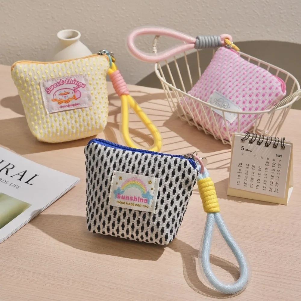 Cute Polyester Coin Purse Dopamine Color with Zipper Storage Bag Large Capacity with Handle Mesh Makeup Bag Multi-Purpose Use