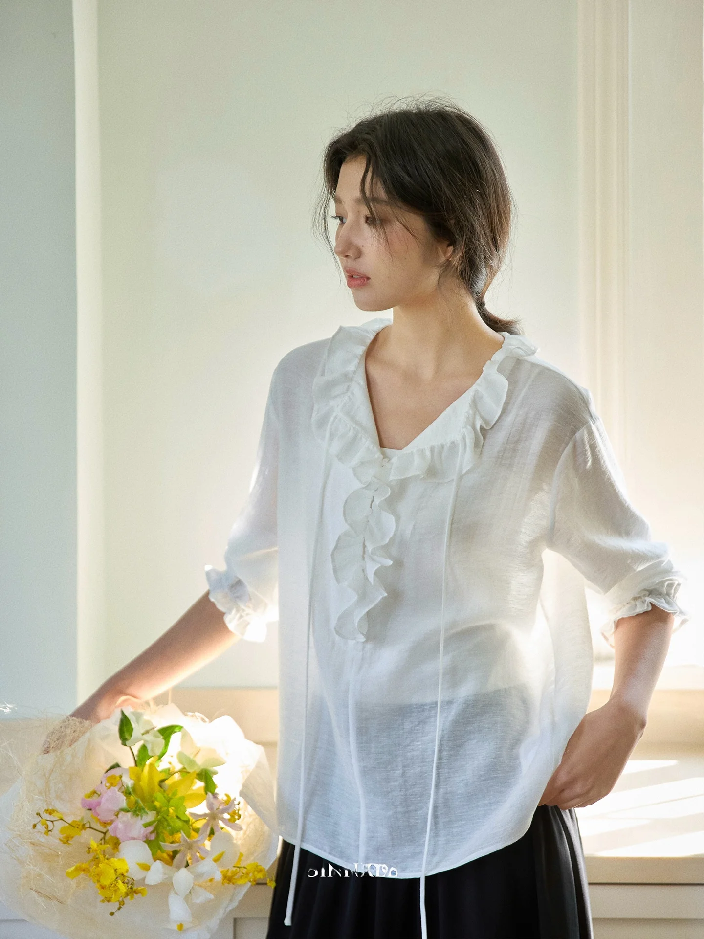 

French Style Long Sleeve Shirt GINNKEE Lenzing Lyocell Linen Material Lace Trim Women's Premium Fashion Spring 2026