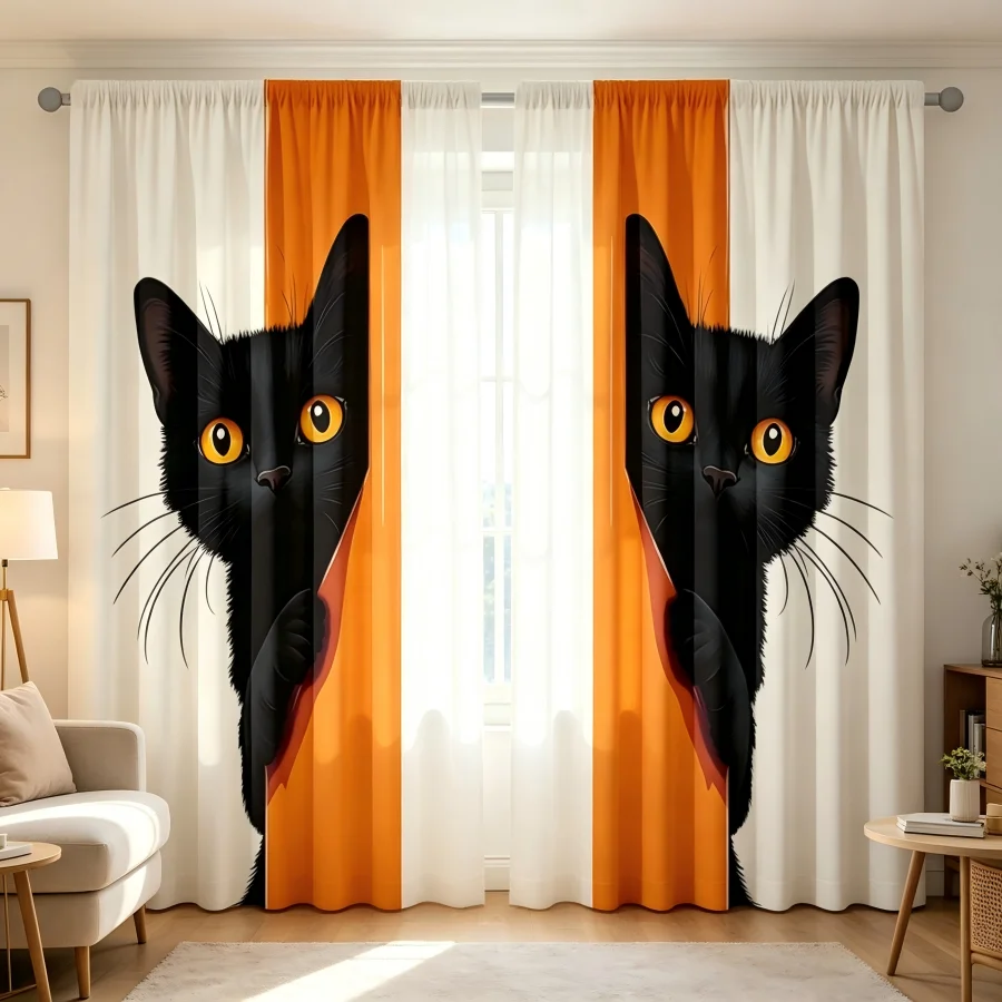 2pcs Black Cat Curtains Cute Peeking Kitten Window Drapes Orange Stripe Halloween Decor Living Room Bedroom Kids Room