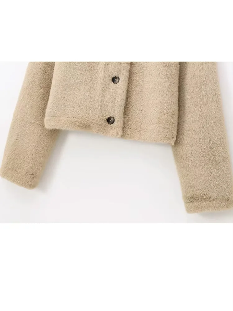 TRAZFA Women's Autumn New Fashion khaki Plush Faux Fur Effect Cropped Heavy Jacket Female Crew Neck Single Breasted Casual Coat