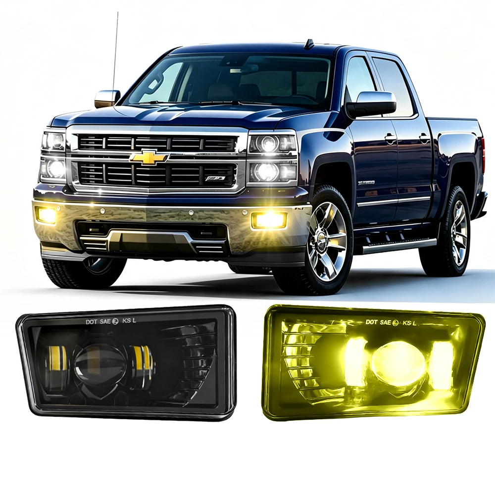 Acessórios para carros, dispositivos para modificação de veículos, faróis de nevoeiro LED amarelos quadrados para Chevy Silverado, lâmpadas auxiliares
