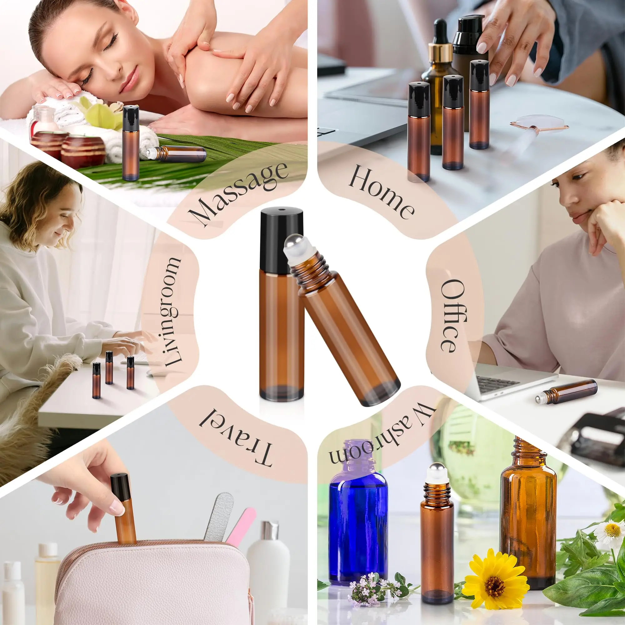 20~200PCS Roller Ball Essential Glass Oil Bottle Amber Glass Roll on Bottle Empty Perfume Refillable Bottles 5ml/10ml Travel