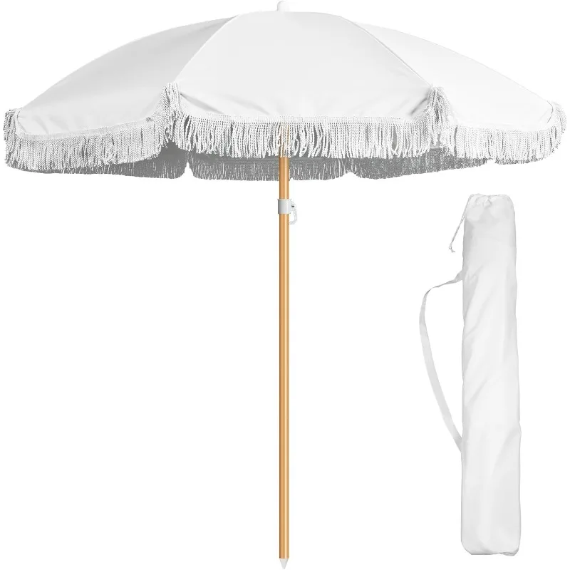

6 Ft Outdoor Beach Patio Umbrella with Fringe, Steel Pole, Steel Ribs and Carry Bag Elegant Table UPF 50+ UV Boho