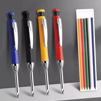 5 ピース/セットソリッドカーペンターペンシル、リフィル芯と内蔵シャープナー付き、深穴シャープペンシルスクライビングマーキング用