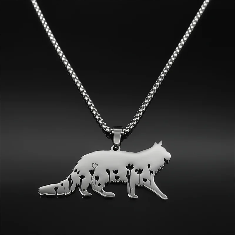 Cute Cat Flower Kitty Pendant Necklace for Women Men Stainless Steel Silver Color Animal Lover Chain Necklaces Jewelry collar