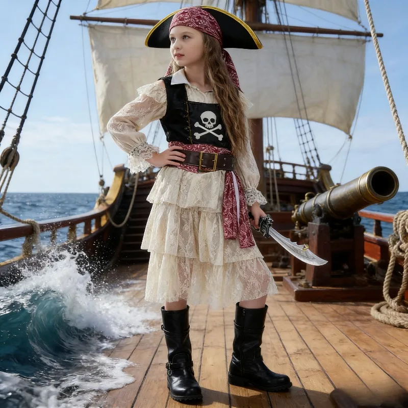 

Girls Pirate Costume Lace Dress Pirate Cosplay Party Dress Stage Performance Outfit For Girls