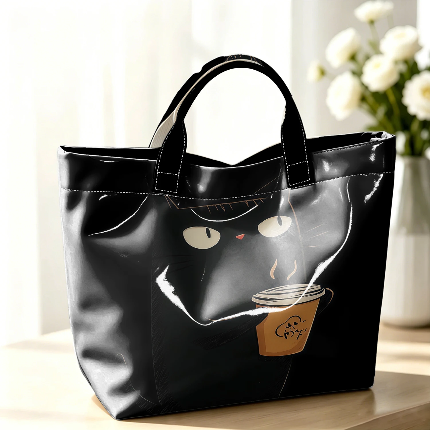 Coffee Black Cat Fashion Large Glossy PVC Tote Bag Hand Washable Waterproof Perfect Travel Commute Cosmetic Storage Shopper