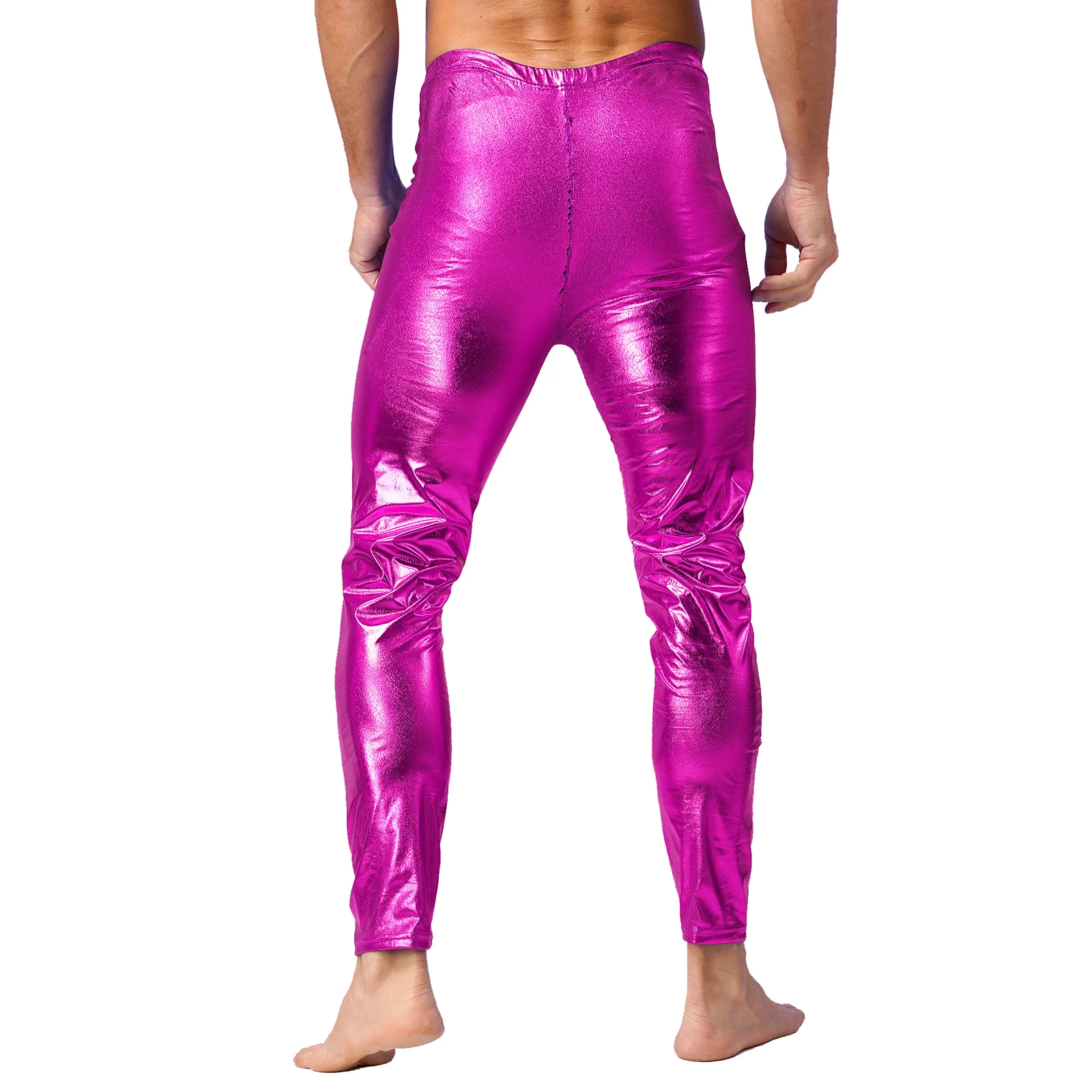 Mens Shiny Long Pants with Metallic Shiny Skinny Pants Leggings Pole Dance Themed Party Stage Performance Nightclub Costume