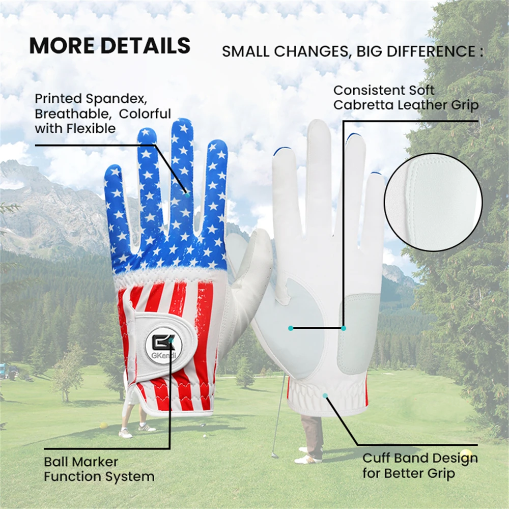 Golf Gloves Men USA Flag Left Hand for Right Handed Golfer with Ball Marker  1 Pack, Mens Leather Golf Glove All Weather Grip