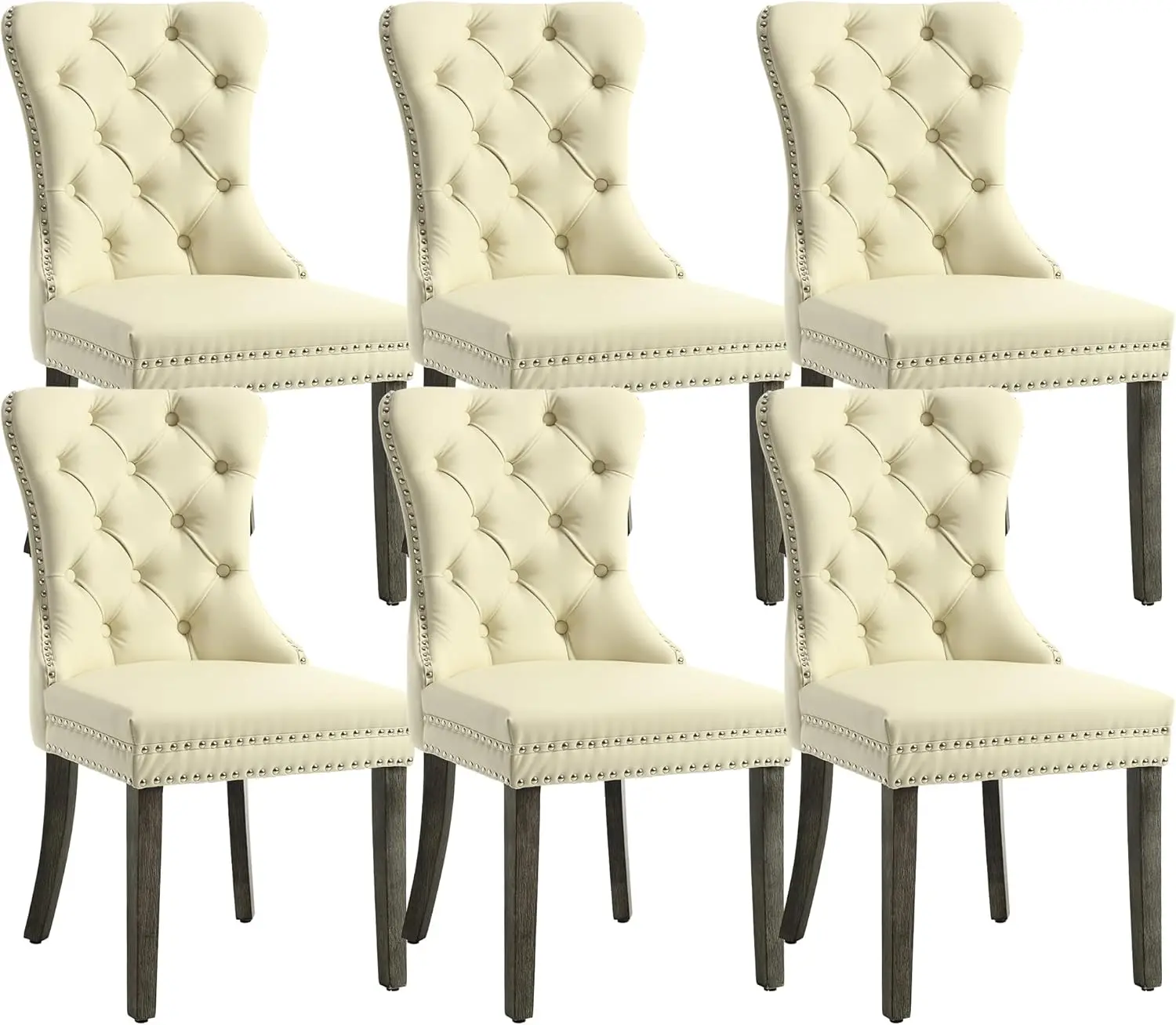 Faux Leather Dining Chairs Set of 6 Upholstered High-end Tufted Dining Room Chair Nailhead Back Ring Pull Trim Solid Wood Legs