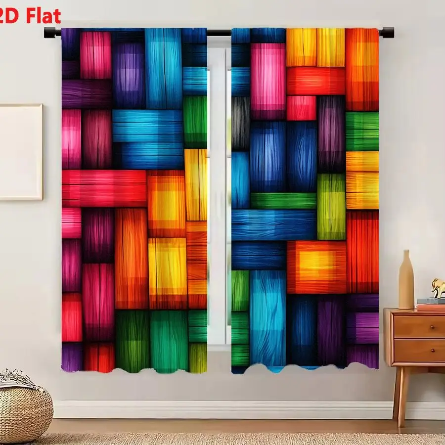 2Pcs Curtains 2D Flat Vibrant Abstract Interlocking Rectangular Blocks Pattern Multicolor Geometric Artistic Decorative Design W
