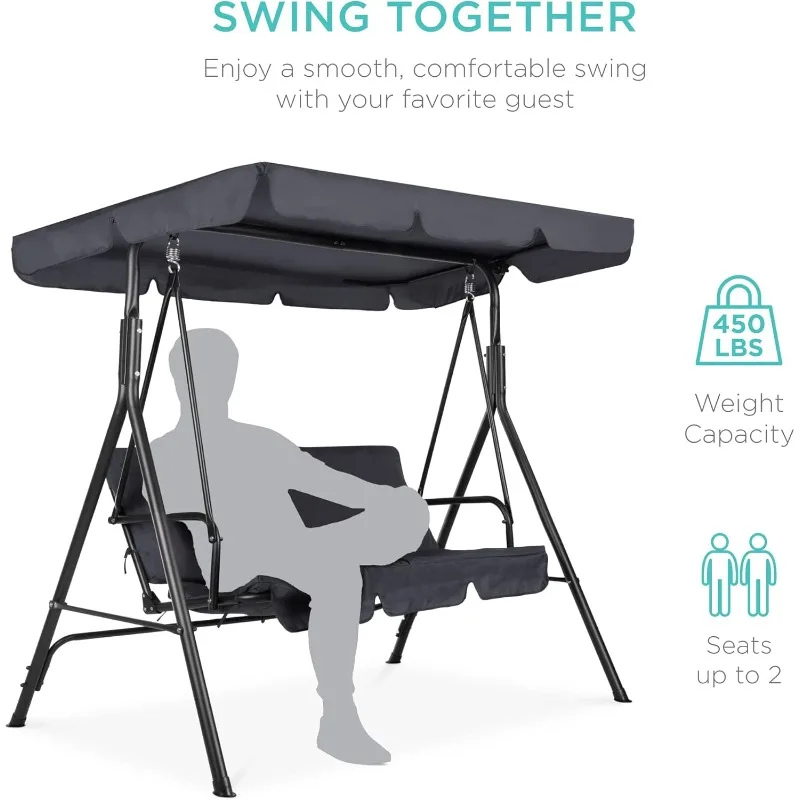 2-Person Outdoor Patio Swing Chair, Hanging , Backyard w/Convertible Canopy, Adjustable Shade, Removable Cushions - Gray