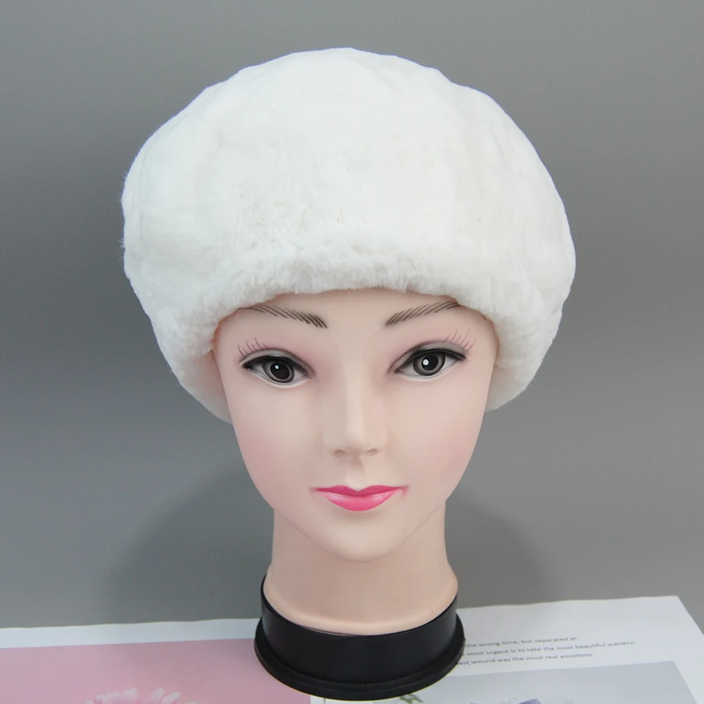 2024 Russian Women Flowers Striped 100% Natural Rex Rabbit Fur Cap Winter Warm Genuine Fur Hat Knit Lady Real Fur Beanies Hats