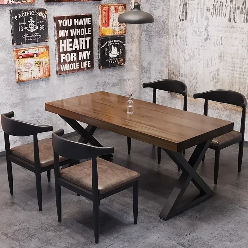Rectangle Solid Wood Table For Bar BBQ Restaurant Hotel Industrial Style Iron Art Chinese Hot Pot Dining Table And Chair