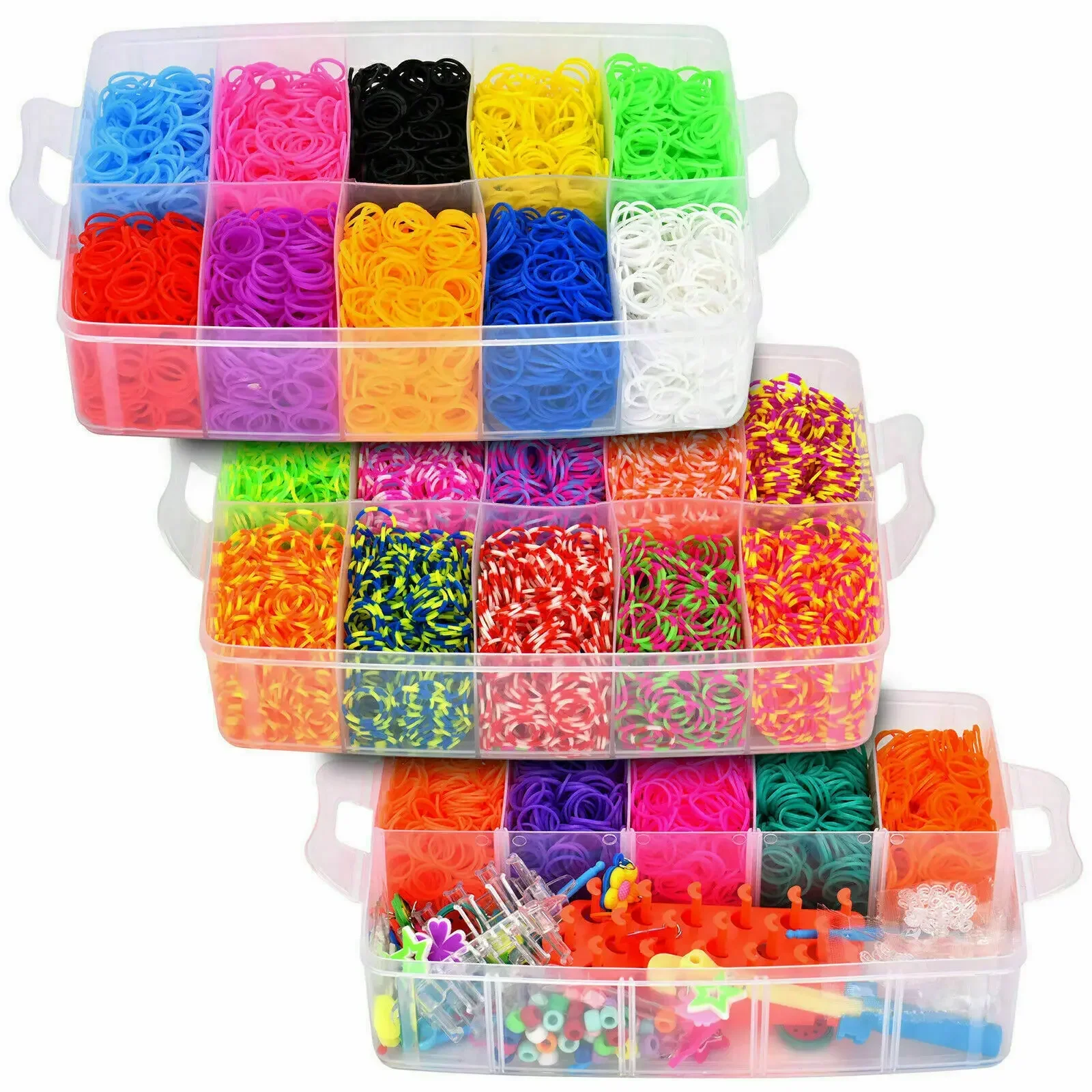 Scatola da 15000 kit + elastici per telaio in gomma per bambini Braccialetti intrecciati multicolori Elastici arcobaleno per braccialetti