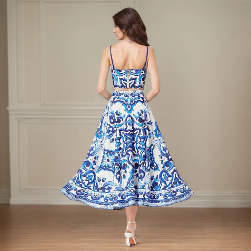 New Print Sling Skirt Big Hemline Dress Two-piece Set Boho Holiday Blue And White Porcelain Set Elegant Long Skirt Dress Suits