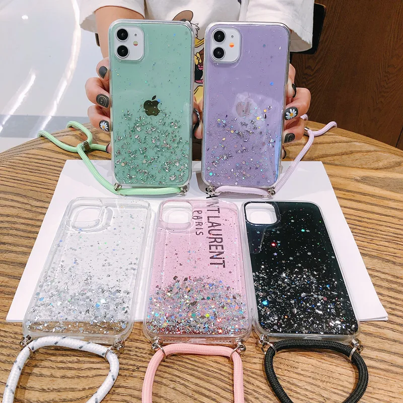 

Bling Glitter Stars Sequins Cord Chain Lanyard Phone Case For iPhone 15 14 Pro Max 13 12 MiNi 11 XR XS X 6S 7 8 Plus SE 3 Cover