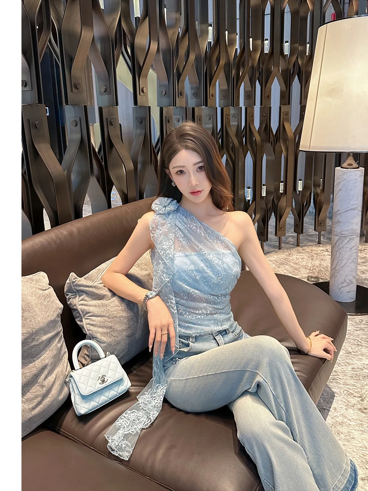 

Heavy Embroidery Sequin Lace Side oulder Top with Detachable Flower Summer Sle Casual Loose Fit Nylon Fabric No Sve