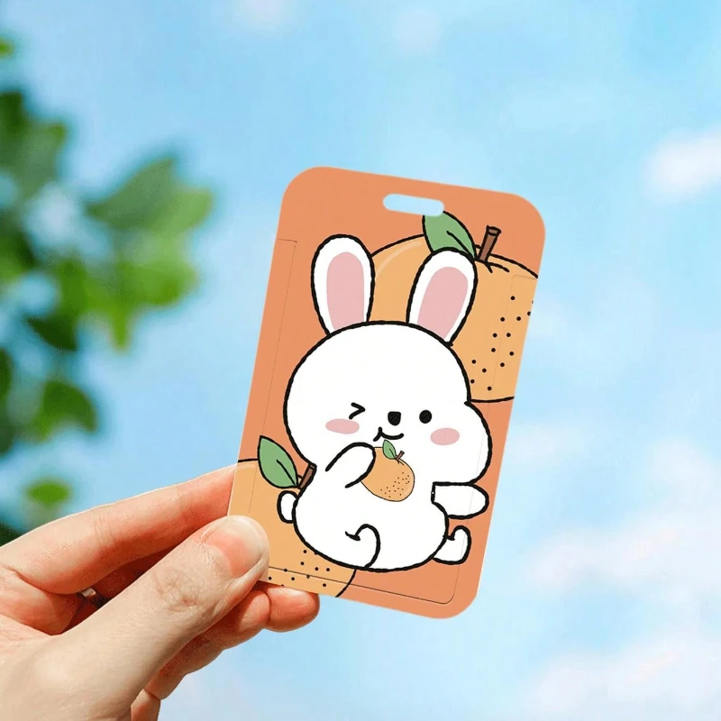 Cartoon Rabbit Eating Orange Pattern Card Holder with Lanyard Suitable for Bus Card, Meal Card Cover, Kpop Photocard Holder Ect.